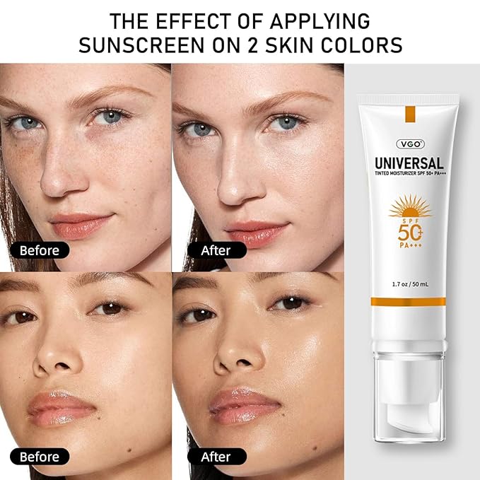 VGO Tinted Sunscreen for Face SPF 50, Hydrating Sun Essence Face Leaves No Sticky Feeling Travel Size Sunscreen Against UVA and UVB Rays 50ml / 1.7oz - 2 Packs