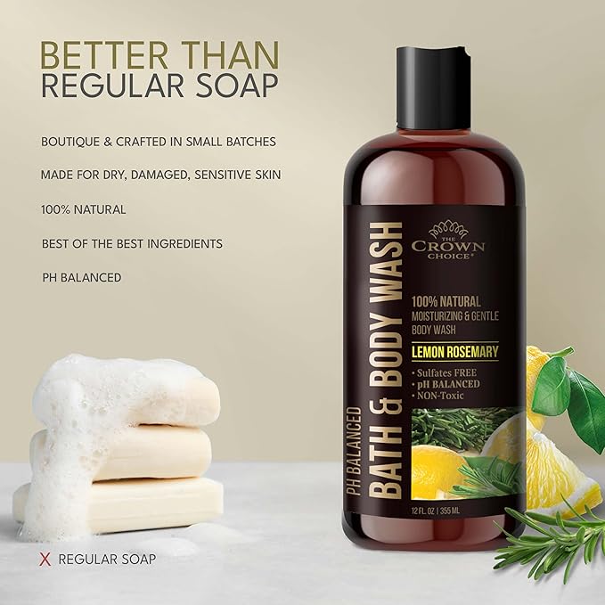 Natural Body Wash for Women, Men & Kids - Organic Lemon Rosemary - 12oz pH 5.5-Best pH Balance-Liquid Soap for All Skin Types-Moisturizing Sulfate & Chemical Free Shower / Bath Liquid Gel (Pack of 2)