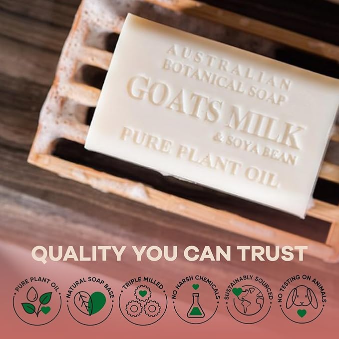 Australian Botanical Soap 6.5 OZ Pack of 4, Goat Milk Soap Bars with Soya Bean Oil, Enriched with Organic Shea Butter, Suitable for All Skin Types