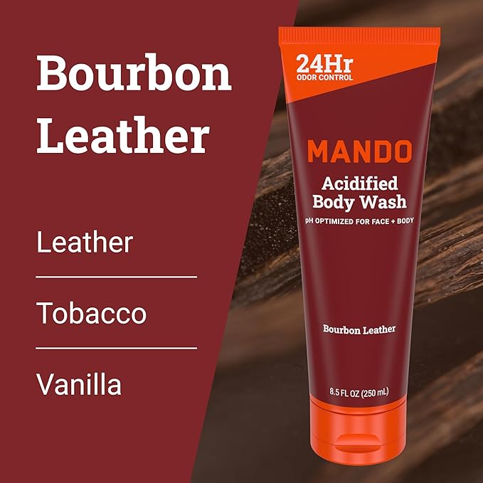 Mando Acidified Body Wash - 24 Hour Odor Control - Removes Odor Better than Soap - Formulated without SLS or Phthalates - Skin Safe - 8.5 Ounce (Pack of 2) - Bourbon Leather and Mt Fuji