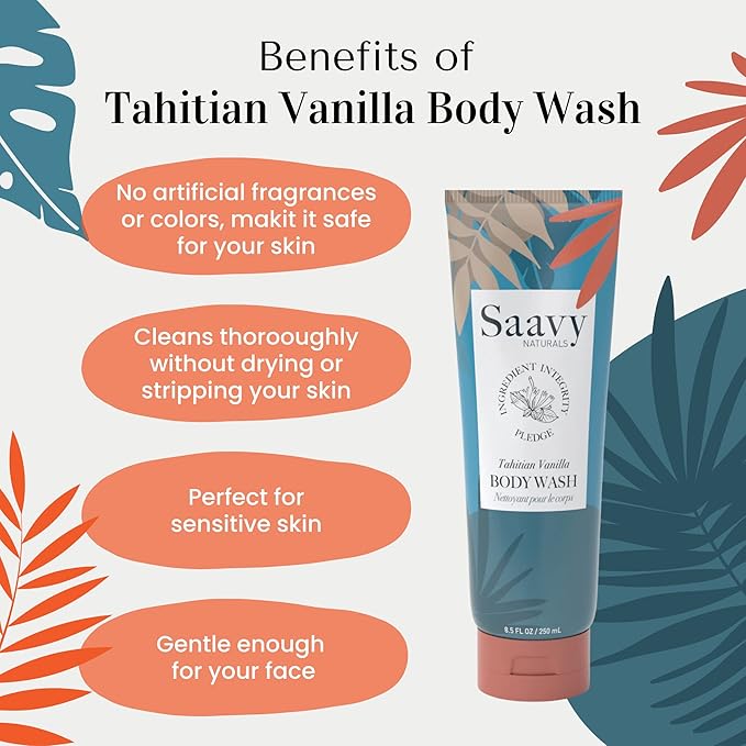 Saavy Naturals Body Wash Tahitian Vanilla Plant-Based Ingredients| Made In USA | Sensitive Skin Body Wash, l Organic & Vegan Formula With Coconut Oil, Shea Butter, And Aloe Vera - 8.5 Fl Oz, 2 Pack