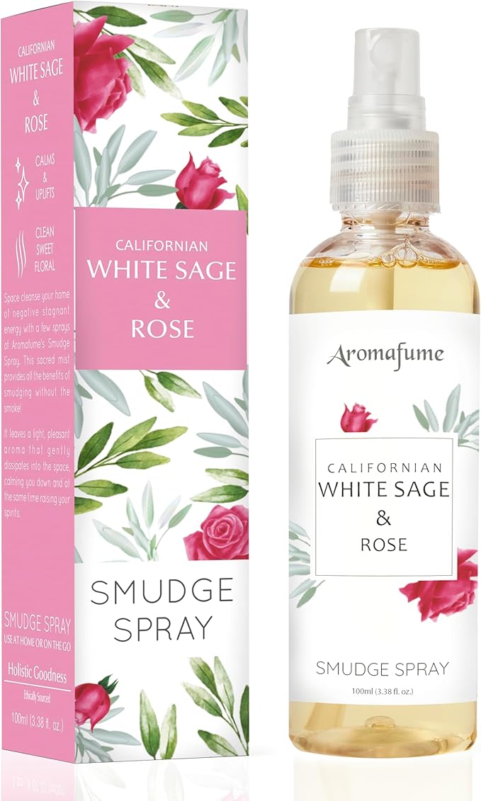 White Sage & Rose Smudge Spray by Aromafume | 100ml/3.3 oz | Sage Spray for Cleansing Negative Energy & Protection | Room Spray for Spiritual Cleansing, Smokeless Sage Smudging