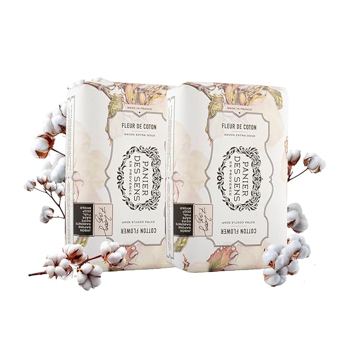 Panier des Sens Cotton Flower Shea butter natural bar soap, bath & body soap bars - Made in France 95% natural - 2 bars, 7oz/200g each