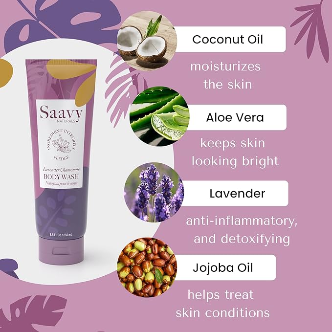 Saavy Naturals Body Wash Lavender Chamomile Plant-Based Ingredients| Made In USA | Sensitive Skin Body Washl Organic Formula With Coconut Oil, Shea Butter, And Aloe Vera - 8.5 Fl Oz, 2 Pack