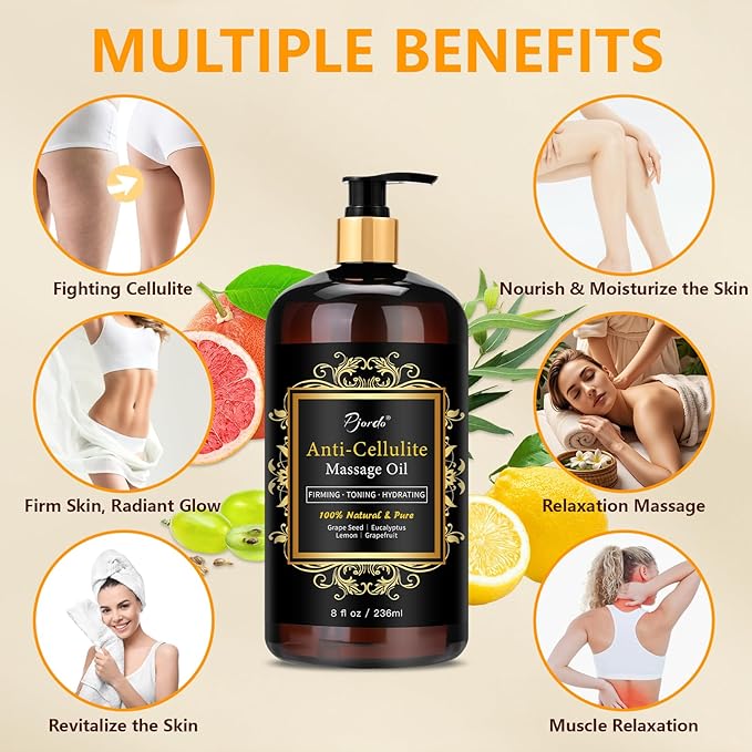 Anti Cellulite Massage Oil for Massage Therapy, 100% Natural & Pure Body Firming Oil for Reducing Cellulite, Firming & Moisturizing Skin, Fast Absorbing, Cellulite Remover for Leg & All Body