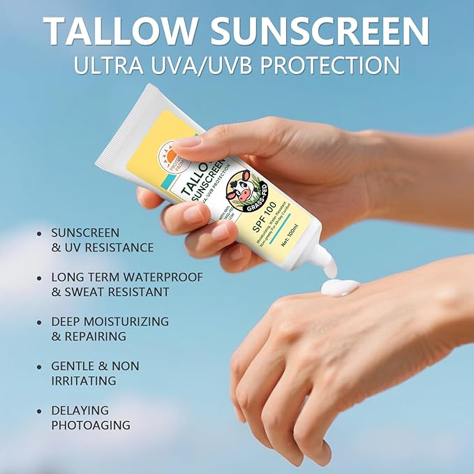 Beef Tallow Sunscreen, Sunscreen for Face, Natural Reef Safe Body Beef Tallow Sunblock, Non Greasy Clean Travel Sun Screen Sunblock, 100ML