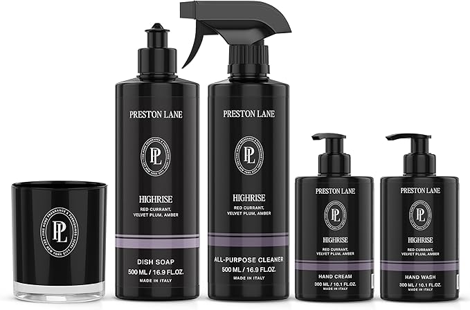 Signature Set, Includes All Purpose Cleaner, Dish Soap, Hand Wash, Hand Cream, & Scented Candle, Highrise