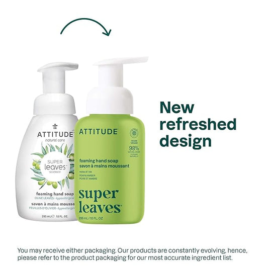 ATTITUDE Foaming Hand Soap, EWG Verified, Plant and Mineral-Based Ingredients, Vegan and Cruelty-free Personal Care Products, Pear & Amber Scent, 10 Fl Oz