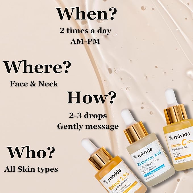Mivida Anti-Aging Serum Trio| 20% Vitamin C + Hyaluronic Acid + 2.5% Retinol Serums For Face | Brightening, Firming & Hydrating Skincare Set | Reduces Wrinkles, Fine Lines & Dark Spots, 3x1floz