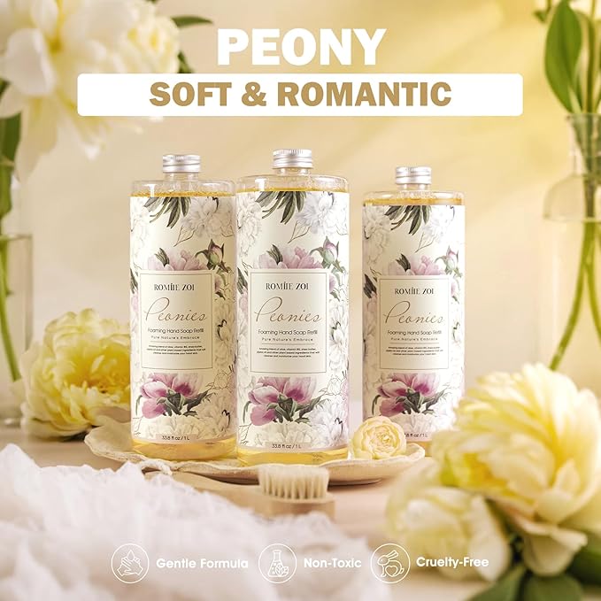 Foaming Hand Soap Refills 3-Pack (33.8 Fl Oz x 3) with Refilable Dispenser Peony Scented–Chemical-Free for Sensitive Skin, Bulk Refill Bottles for Bathroom & Kitchen Use