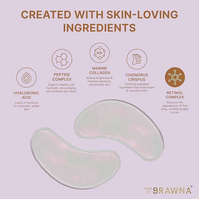 BRAWNA Under Eye Patches – Hydrogel Masks with Retinol, Hyaluronic Acid, Collagen & Caffeine – For Puffy Eyes, Dark Circles, Wrinkles & Fine Lines – Gift Set – 24 Pairs