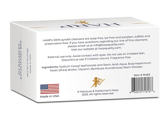HARP pH-Balanced (5.0-6.0) Exfoliating Body Wash Bar - FRAGRANCE FREE. Bamboo Powder Exfoliation -the perfect consistency. Soap/Lye/Preservative/Dye/Masking agent-Free. Non-comedogenic. 5oz