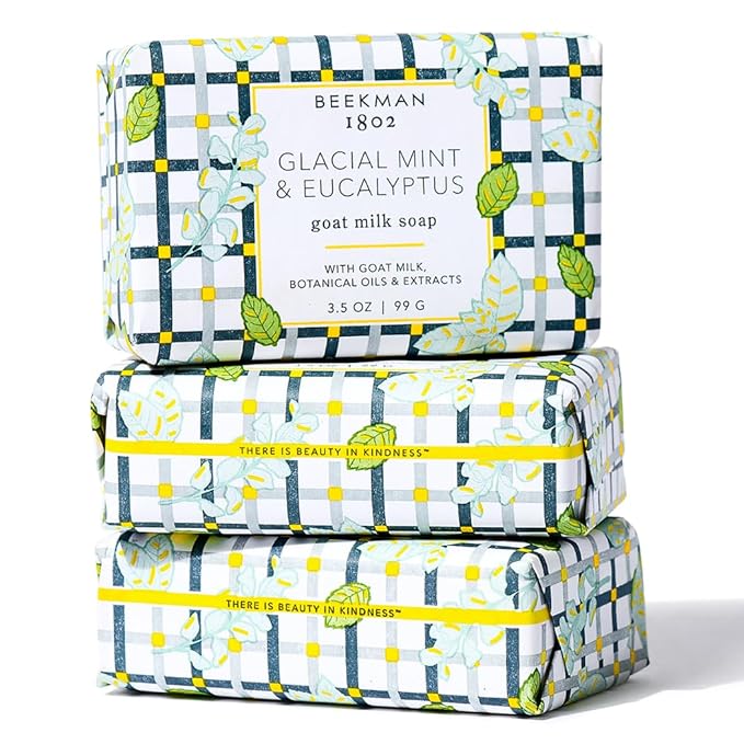 Beekman 1802 Glacial Mint & Eucalyptus 3-Pack Palm-Sized Bar Soap Set - Scented - 3.5 oz - Cleanses, Nourishes & Hydrates - Certified Microbiome Friendly - No Irritation - Good for Sensitive Skin