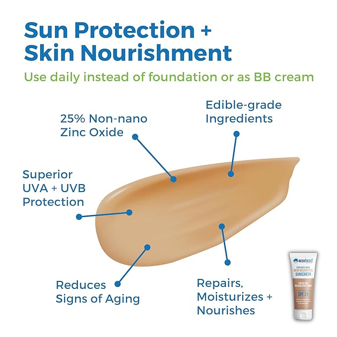 Waxhead Tinted Mineral Sunscreen for Face – Sheer Glow BB Cream Moisturizer with SPF 31, Non-Nano Zinc Oxide, Unscented, Non‑Comedogenic Mineral Facial Sunscreen, Wear under Makeup (Medium Tint 4oz)