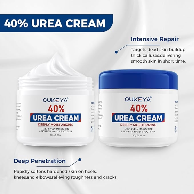 OUKEYA Urea Cream,NEW FORMULA Urea Cream 40 percent for Feet Maximum Strength,Dry Cracked Treatment Lotion for Knees & Elbows,Foot Dead Skin Cuticle Callus Remover Toenail Softener,5.29 oz(2 Packs