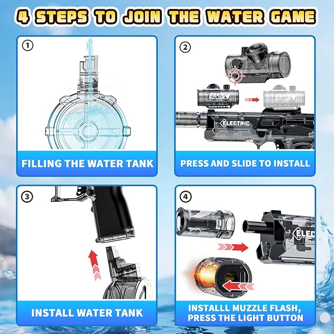 2 Pack Electric Water Guns with Muzzle Flash for Adults & Kids, Automatic Water Gun with 28-32 FT Long Range, Powered Water Gun Summer Outdoor Pool Beach Toy (Blue+Black)
