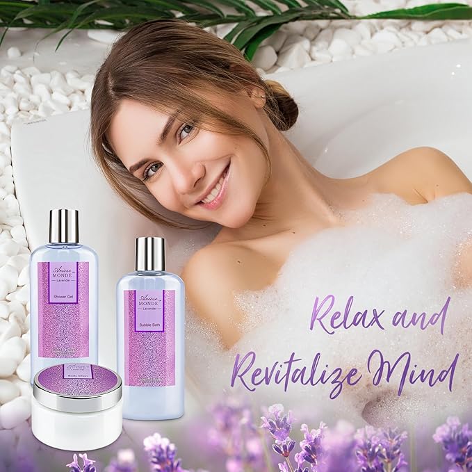 Bath Sets for Women Gift, Bath and Body Gifts Set, Lavender Spa Gift for Self Care Includes Body Lotion, Shower Gel, Bath Salts, Relaxing Bath Sets for Mom, Grandma, Girlfriend, Sister, Friends