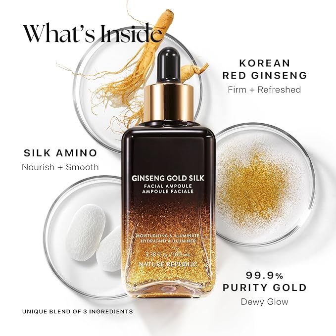 Nature Republic Ginseng Gold Silk Facial Ampoule, Hydrating moisturizer for face, Niacinamide & Silk Amino Acid, Royal Jelly Extract, Korean Skin Care for all skin types 100 ml / 3.38 Fl. oz.