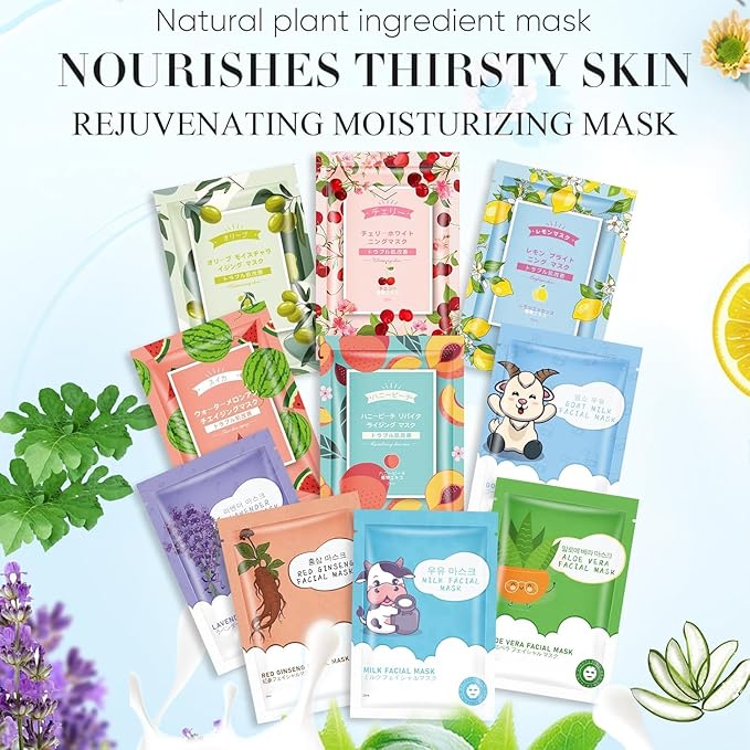 30 Sheets Face Masks Skincare for Women, Hydrating Face Masks Suitable for Sensitive Skin, Bulk Soothe and Moisturizing Facial Mask for Skin Care, Home Face Mask Skincare Spa for All Skin Types