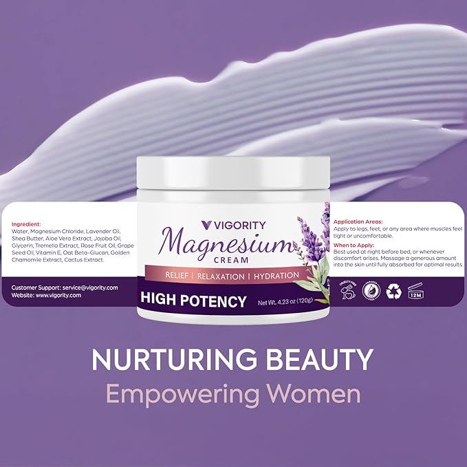 Vigority Magnesium Cream for Sleep: Magnesium Lotion for Leg Cramps - Soothing Magnesium with Lavender, Vitamin E and Shea Butter - Safe for Kids & Pregnant Individuals - 4.23 oz