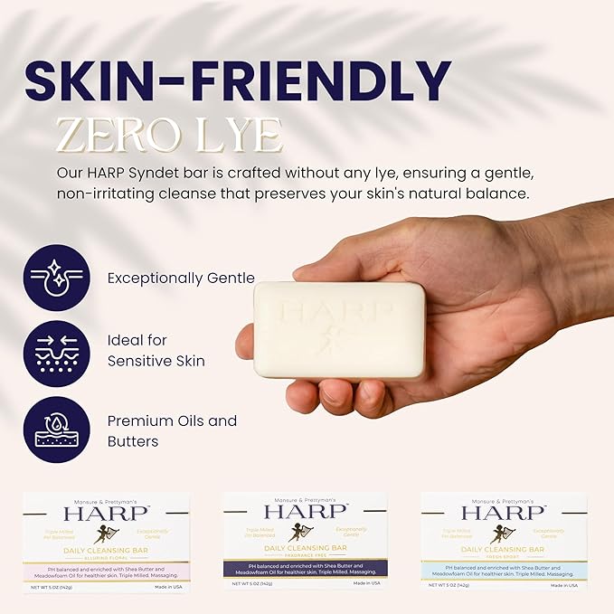 HARP pH-Balanced (5.0-6.0) Body Wash Bar. ZERO saponified oils. Protects Moisture Barrier. Gentle for Sensitive/Dry skin. + Shea Butter/Borage Oil. Non-Comedogenic. FRESH SPORT Fragrance.