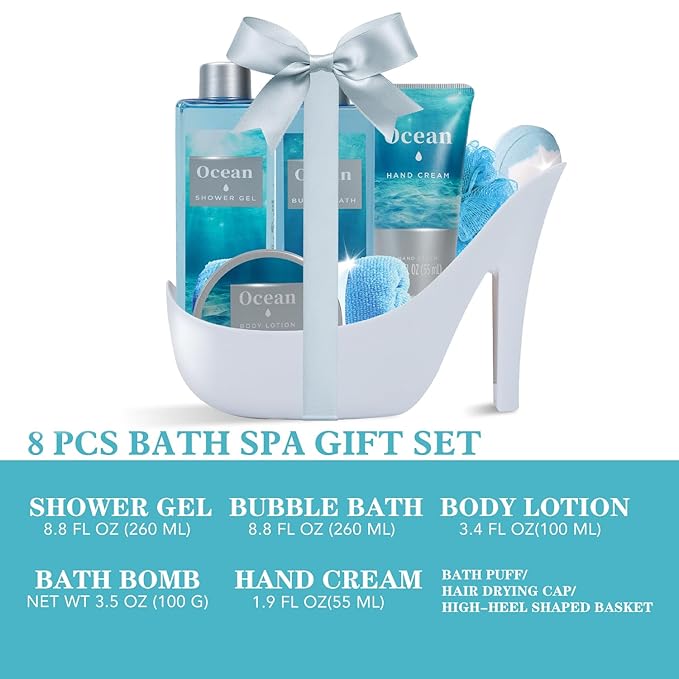 Ocean Bliss Gifts for Women Spa Basket, High Heel Bath Set with Sea Salt Scrub & Refreshing Gel, Birthday, Anniversary Gifts for Her, Best Friend, Sister ASIN B0FJFJ5WJM