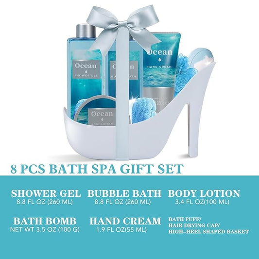 Ocean Bliss Gifts for Women Spa Basket, High Heel Bath Set with Sea Salt Scrub & Refreshing Gel, Birthday, Anniversary Gifts for Her, Best Friend, Sister ASIN B0FJFJ5WJM