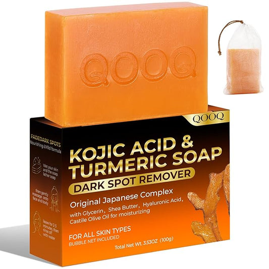 QOOQ Turmeric Kojic Acid Soap for Dark Spots Brightening – Face and Body Wash with Vitamin C, Retinol, Collagen, Vitamin E, Glycerin, Shea Butter & Castile Olive Oil – Soap for Women & Men (100g)