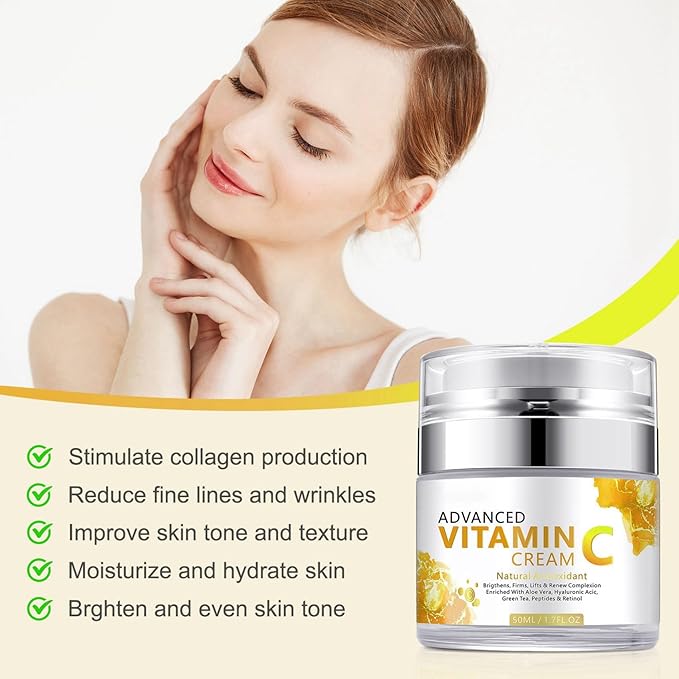 Vitamin C Face Cream With Nicotinamide & Hyaluronic Acid, Anti Aging Moisturizer For Reducing Wrinkles, Fine Lines & Tightening Skin