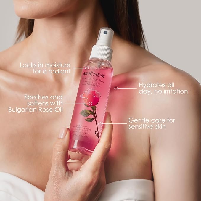 BIOCHEM Rosa Vita Tonic Mist – 3-in-1 Rose Water Toner, Face Mist & Makeup Finishing Spray with Rose Oil & Vitamins B | Hydrating & pH Balancing Mist for All Skin Types (4.05 fl oz / 120 mL)