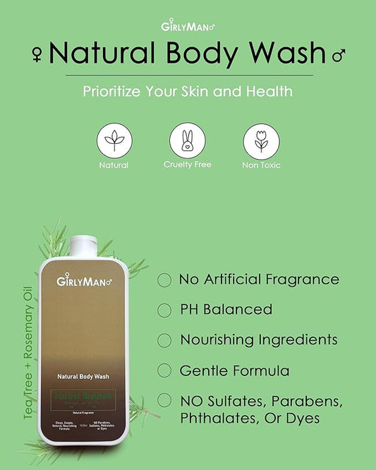 GirlyMan Natural Body Wash - Made with Olive Oil & Aloe Extract, No Artificial Fragrance, PH Balanced, Gentle Formula, Nourishing Ingredients, Family Owned (Rosemary Tea Tree)