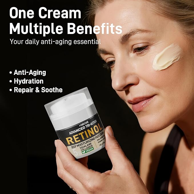 Retinol Cream for Face, Anti Aging Moisturizer with Triple Retinol Complex, Hyaluronic Acid, Collagen, Peptides, Niacinamide & 50000ppm Squalane, Wrinkle Cream for Women, Fragrance Free