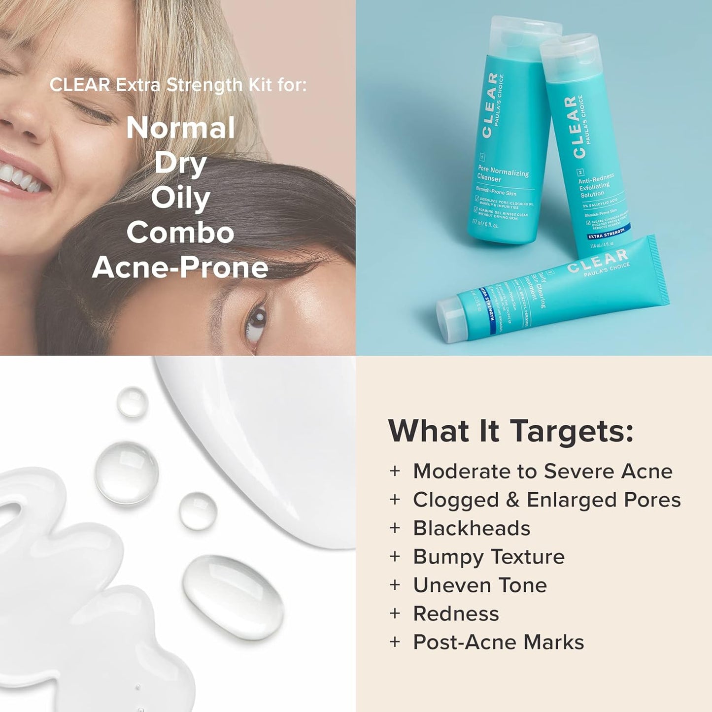 CLEAR 3-Step Acne Treatment Kit – Salicylic Acid Cleanser, 2% BHA Exfoliant & Benzoyl Peroxide Spot Treatment | Fragrance-Free Skincare Set for Mild to Severe Acne & Breakouts | 3-Piece Set