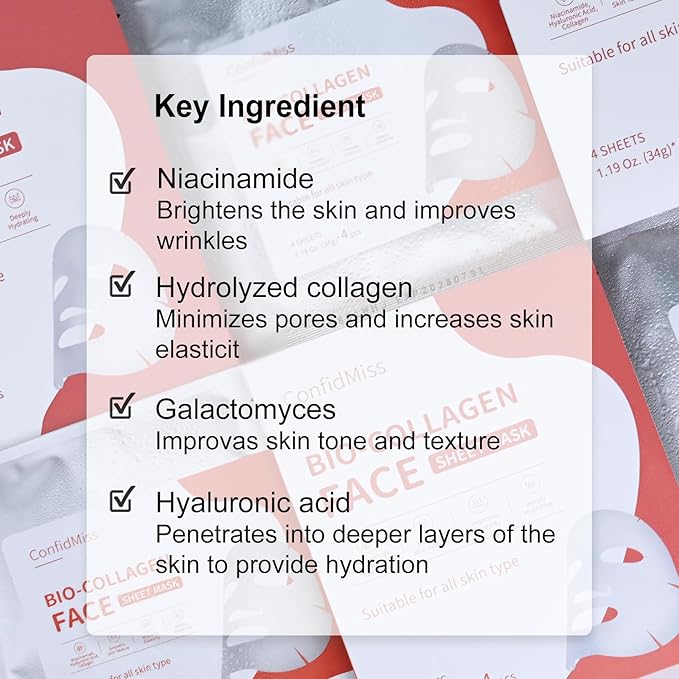 Bio-Collagen Real Deep Face Mask,with Niacinamide Hyaluronic Acid Collagen Deeply Hydrating Brightening Anti-Aging Elasticity Improvement Overnight Facial Mask For Glass Glow Skin 4 Sheets