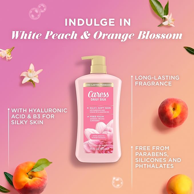 Caress Body Wash With Pump Daily Silk White Peach & Orange Blossom Body Soap for Noticeably Silky, Soft Skin 30 fl oz, 4 Pack