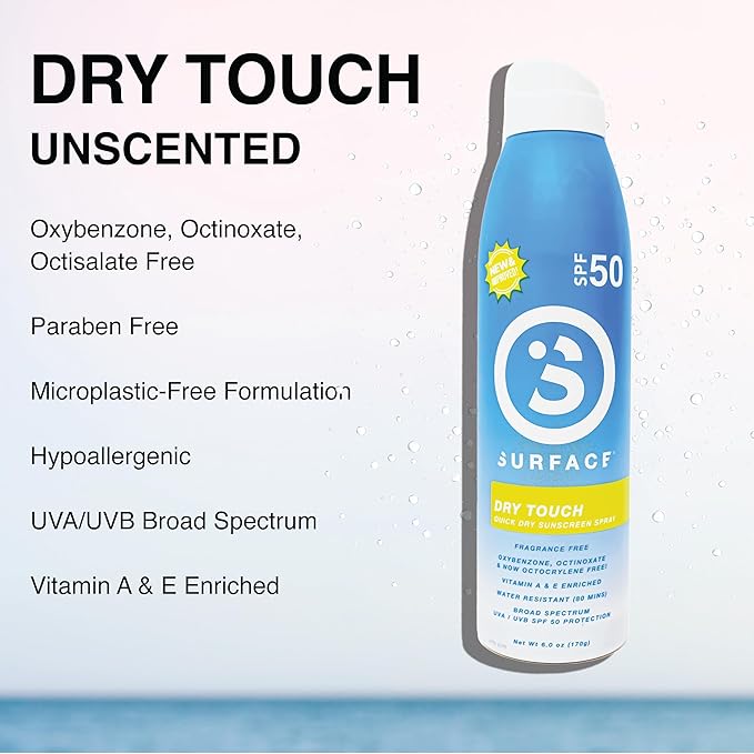 Surface Sunscreen Spray SPF 50 for Body, Natural Formula, Lightweight and Reef Friendly, Broad Spectrum UVA UVB Protection, Water Resistant Sun Care for Outdoor Use, Fragrance Free, 6oz