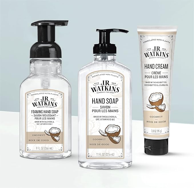 J.R. Watkins Natural Moisturizing Hand Cream, Hydrating Hand Moisturizer with Shea Butter, Cocoa Butter, and Avocado Oil, Cruelty Free, 3.3oz, Coconut, 3 Pack