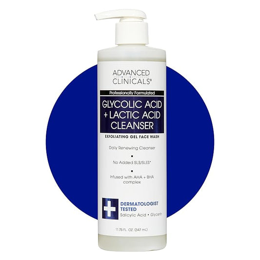 Advanced Clinicals Glycolic Acid Exfoliating Face Wash For Women & Men | Lactic Acid & Salicylic Acid Facial Cleanser | Glycerin Gel Gleanser Helps Gently Exfoliate & Cleanse Dirt & Oil, 11.75 Fl Oz