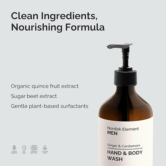 Nordisk Element Men Body Wash with Nourishing, Natural Ingredients | Gently Cleanses & Hydrates the skin | Paraben and Phthalate Free | Ginger & Cardamom |16.5 Fl Oz