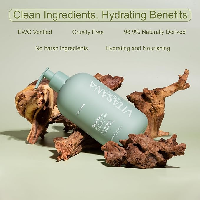 Vitasana Natural Body Wash for Sensitive Skin, 16 oz – Sea Buckthorn & Bergamot Scent, 98.9% Plant‑Derived, EWG Verified, Hypoallergenic, Paraben‑Free, Sulfate‑Free, Cruelty‑Free