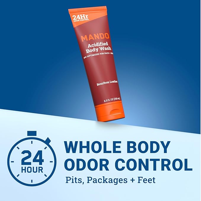 Mando Odor Shield Body Wash - 24 Hour Control - Removes Odor Better than Soap - SLS Free, Paraben Free, Skin Safe - 8.5 Ounce (Pack of 2) (Bourbon Leather)