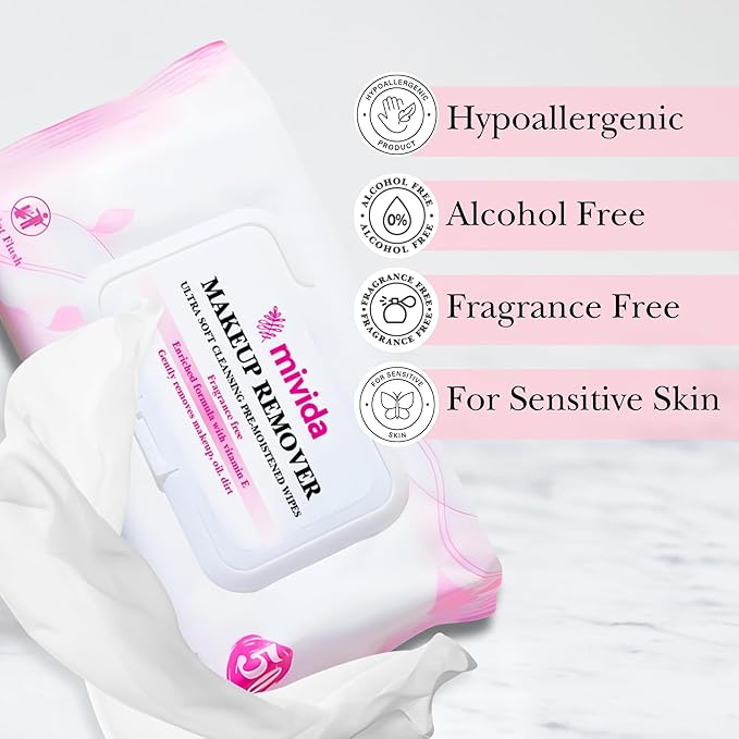 Mivida Hypoallergenic Makeup Remover Wipes | Daily Cleansing Facial Towelettes with Vitamin E For Sensitive Skin | 50 Count Fragrance-Free, Alcohol-Free Face Wipes