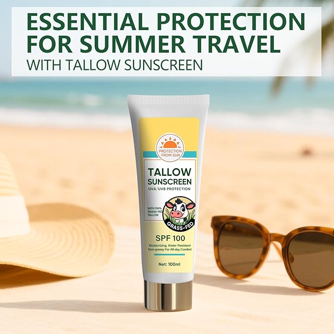 Beef Tallow Sunscreen, Sunscreen for Face, Natural Reef Safe Body Beef Tallow Sunblock, Non Greasy Clean Travel Sun Screen Sunblock, 100ML