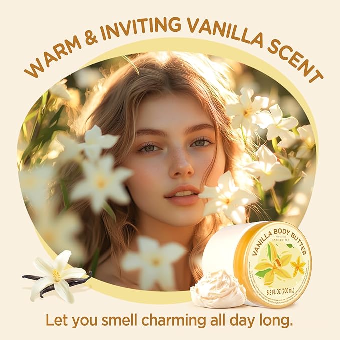 Vanilla Body Butter, Natural Body Care for Men Women Smell Good, Vanilla Scented Natural Body Butter, Body Moisturizer for Dry Skin 6.8 floz