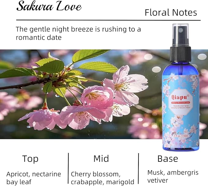 Natural Bedroom Linen Spray Scented Room Mist with Plant Extracts Long Lasting Freshness for Sheets, Pillows & Curtains – 4oz 4Bottle(Cherry Blossom + Citrus + White Peach + Gardenia)