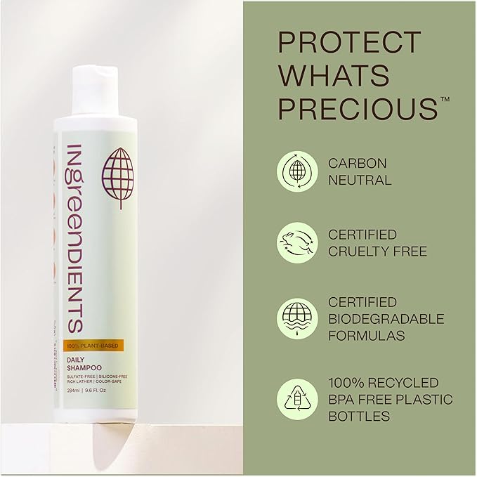 Ingreendients Non Toxic Vegan Shampoo with Organic Ingredients, Apple Cider Vinegar & Tea Tree Oil - Sulfate Free, Color Safe, Paraben Free, Gluten Free, Cruelty Free, pH Balanced