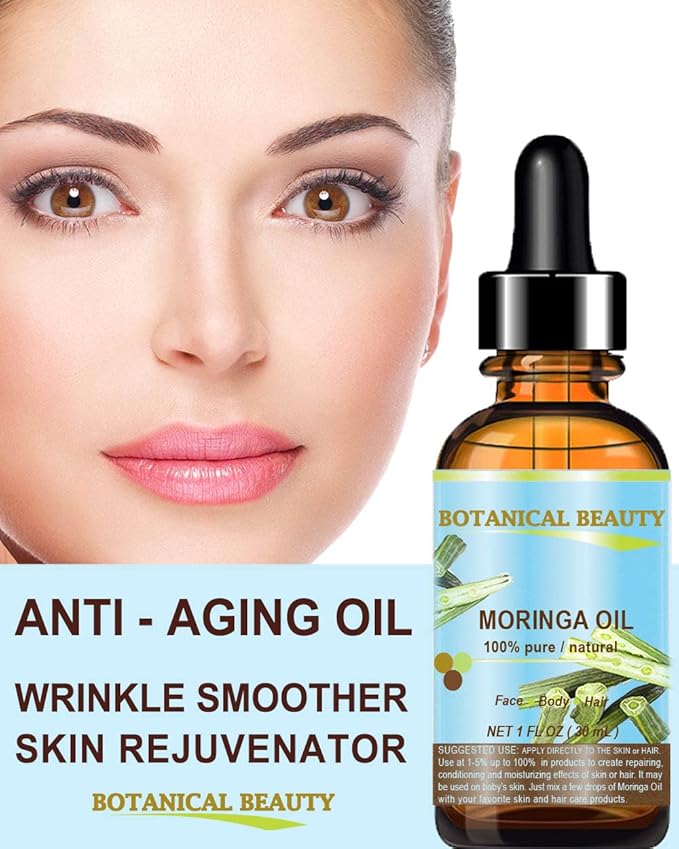 Botanical Beauty Moringa Oil 100% Pure Natural Undiluted Cold Pressed Carrier Oil. 1 Fl.oz.- 30 ml. for Face Skin, Hair, Lips, Nails. Rich in Vitamin C, Vitamin E
