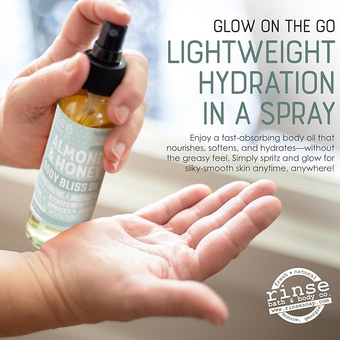 Rinse Bath & Body Almond & Honey Body Oil Moisturizer Spray - Natural, Light & Fast Absorbing | Squalane, Grapeseed & Apricot Oil | All Skin Types | Shower & Massage | Vitamin E | Handmade | 4floz