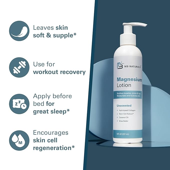 M3 Naturals Unscented Magnesium Lotion for Sleep & Leg Cramps, Suitable for Sensitive Skin, Helps with Muscle Relaxation, Soothes Tired Legs & Foot Aches and Supports Restful Nights, 8 fl oz
