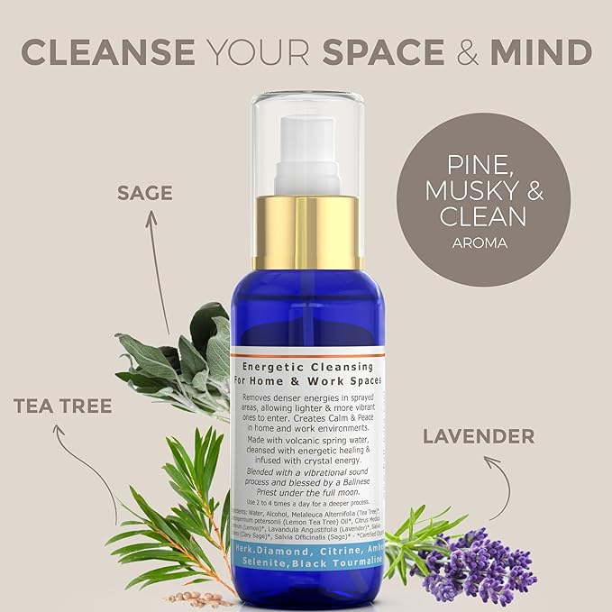 BALIPURA - Space Clearing Healing Aura Crystal Spray - Black Tourmaline & Selenite Crystals - Tea Tree, Lavender & Clary Sage Organic Essential Oils Blends - Handmade in Bali - 3.4 fl.oz
